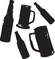 Simple Black Silhouette of Beer Bottles and Glasses This image features a collection of black silhouettes of beer bottles and glasses, set against a plain white background. vector