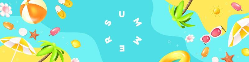 Summer web banner tropical beach vibes yellow background with beach decoration vector