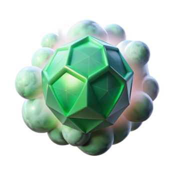 Green Geometric Gem and Bubbles - A conceptual artwork featuring a green geometric gem surrounded by bubbles creating a dynamic and modern visual composition png