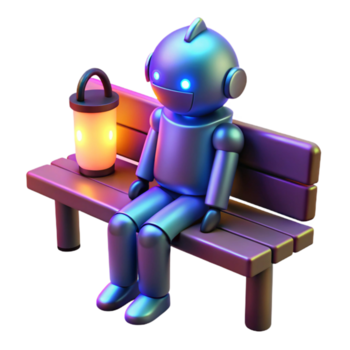 robot su panchina con lanterna nel un' futuristico ambientazione con giocoso espressione png