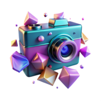 Vibrant 3D Render of a Retro Camera with Geometric Shapes png