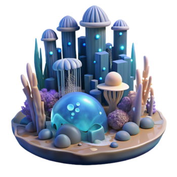 fantasia embaixo da agua paisagem urbana com místico criaturas e submerso arquitetura png