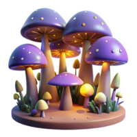 Glowing Mushroom Fantasy Scene A luminous 3D depiction of a mushroom fantasy scene, highlighting its glowing features and enchanting presence. png