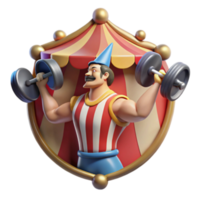 Strongman Circus 3D Illustration Cartoon Strongman Lifting Weights in Circus Tent Badge png