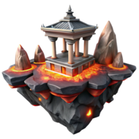 Lava Island Temple A dramatic 3D render of a temple on a lava island, capturing its intense and fiery atmosphere. png