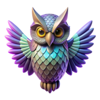 3D Owl Purple, Scaled, Wings A dynamic depiction of an owl navigating the digital sky, its wings glowing with vibrant purple colors in a stunning render. png