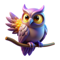 Cute Owl on Branch 3D Render - An adorable 3D render of an owl perched on a branch capturing its playful and endearing nature png