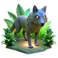 3D Wolf in Jungle Setting A realistic 3D depiction of a wolf in a jungle setting, capturing its natural beauty and wild presence. png