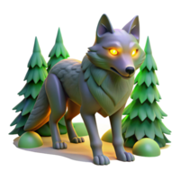 3D Cartoon Wolf in Forest A playful depiction of a wolf navigating a forest, brought to life in a whimsical three-dimensional render. png