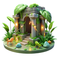 Enchanted 3D Render of a Lush Miniature Stone Temple with Fantasy Creatures png