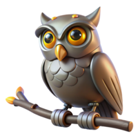 Metal Owl on Branch 3D Render A dynamic depiction of an owl perched on a branch, captured in a stunning three-dimensional render. png