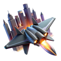Future City Flight Jet over Skyline A futuristic 3D render of a jet soaring over a city skyline, capturing the essence of advanced urban transportation. png