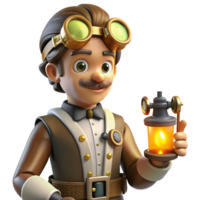 3D Cartoon Inventor with Lantern A playful 3D model of a cartoon inventor with a lantern, showcasing their adventurous spirit and love for exploration. png