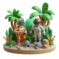 Astronauts on Tropical Planet in a Whimsical Three Dimensional Scene of Exploration png