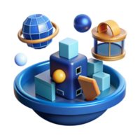 Abstract 3D Render of Floating Geometric Shapes and Celestial Elements png