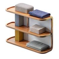 3D Render of Modern Wooden Shelf with Folded Textiles and Fabric Samples png