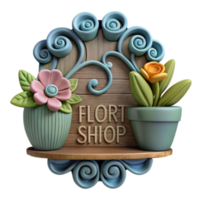Whimsical 3D Render of a Flower Shop Sign with Planters png