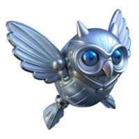 Metallic Owl Robot in Flight A futuristic owl robot soaring through the skies, its metallic feathers glinting in the light. png