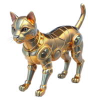 Golden Robotic Cat Futuristic Design A sleek cat crafted as a robotic design, its surface glowing with golden hues in a digital world. png