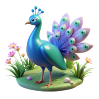 Cute Cartoon Peacock 3D Render A playful depiction of a peacock brought to life in a whimsical cartoon style, navigating the digital garden. png