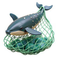 3D Render of Whale in Net with Green Stones Illustration png