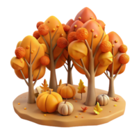 Autumn Scene Pumpkins Trees A serene 3D render of an autumn scene with pumpkins and trees, capturing the essence of the season and its natural beauty. png
