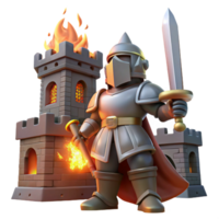 Knight, Burning Castle, Epic Battle A dynamic depiction of a knight navigating a burning castle, ready for battle in a digital world. png