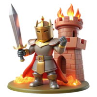 Knight, Sword, Fire Tower, Fantasy Art A dynamic 3D render of a knight with a sword and fire tower, capturing the essence of fantasy and adventure. png