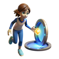 Girl Activating a Portal with a Cube in a Whimsical Three Dimensional Scene of Fantasy png