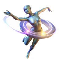 Dynamic Figure Surrounded by Light Rings in a Futuristic Setting png