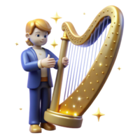 Golden Harp Player 3D Render A majestic 3D render of a golden harp player, capturing their regal presence and cultural significance. png