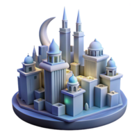 Crescent Moon Cityscape A serene 3D depiction of a crescent moon and cityscape, creating a tranquil night scene. png