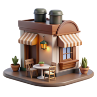Cozy Cafe Exterior Three Dimensional Render with Playful Expression and Enchanting Atmosphere png