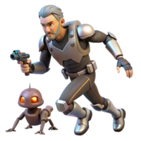 Agent Robot Futuristic Action A thrilling 3D render of an agent and robot engaged in futuristic action, blending technology with adventure. png