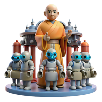 monaco e robot un' spirituale viaggio - un' mistico raffigurazione di un' monaco accompagnato di robot cattura il essenza di spirituale viaggio e Avanzate tecnologia png