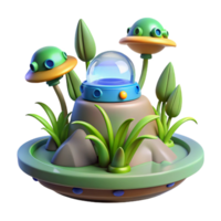 UFOs, Plants, and a Crystal Dome A dynamic scene of UFOs navigating a world of plants and a crystal dome, capturing the essence of cosmic exploration. png