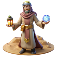 Desert Sage with Orb and Lantern A mystical figure holding an orb and lantern, navigating the serene expanse of a digital desert. png