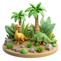 Cartoon Dinosaurs in Tropical Scene - A whimsical depiction of cartoon dinosaurs in a tropical scene capturing their playful and enchanting presence png
