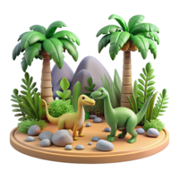 Cute Dinosaurs in Tropical Scene A whimsical 3D render of cute dinosaurs in a tropical scene, capturing the essence of adventure and playful design. png