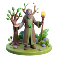 Wise Wizard with Torch in Forest in a Whimsical Three Dimensional Scene of Enchantment png