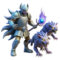 Fantasy Knight, Magical Staff, Wolf Creatures A magical scene of a knight wielding a staff, navigating a world of wolf creatures in a digital realm. png