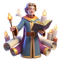 Wise Wizard, Book, Candles, Scrolls A magical scene of a wizard navigating a world of books, candles, and scrolls, capturing the essence of wisdom in a digital world. png