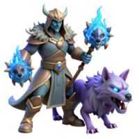 Fantasy Mage with Wolf Companions A mystical 3D render of a fantasy mage with wolf companions, capturing the essence of fantasy and adventure. png