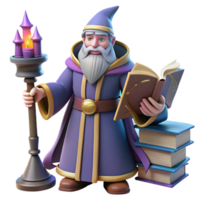 Wise Wizard with Books Candle A magical scene of a wizard navigating a world of books and candles, capturing the essence of wisdom in a digital world. png