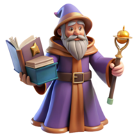 Wise Wizard with Magical Staff and Books A mystical 3D render of a wise wizard with a magical staff and books, capturing their enchanting presence and magical abilities. png