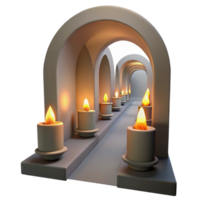 Archway of Candles 3D Render A serene 3D depiction of an archway adorned with candles, creating a tranquil and mystical atmosphere. png