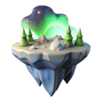 Aurora Floating Island A mystical 3D render of a floating island under the aurora, capturing its enchanting beauty and ethereal atmosphere. png