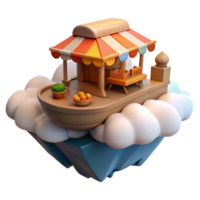 Floating Market Stall 3D Render A whimsical market stall floating in a digital world, brought to life in a vibrant three-dimensional render. png