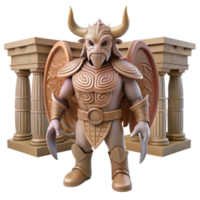 3D Render of Mythological Minotaur Warrior in Golden Armor before Ancient Temple png