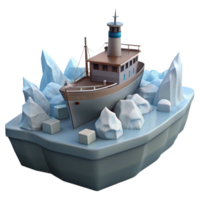 Ship Trapped in Ice Floes A dramatic 3D render of a ship trapped in ice floes, capturing the essence of adventure and survival. png